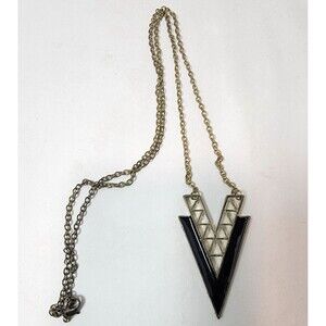 Vintage Style Gold Tone V Pendant Necklace Black Enamel Geometric Triangle Patte